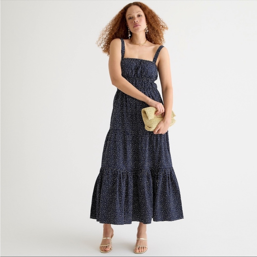 Tiered midi dress with convertible straps in dot, Size SMALL